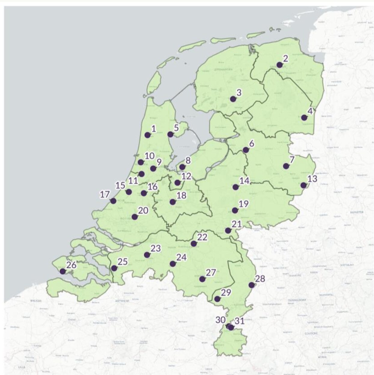 Kaart waarop alle Topsport Talentscholen in Nederland in 2025 staan aangegeven