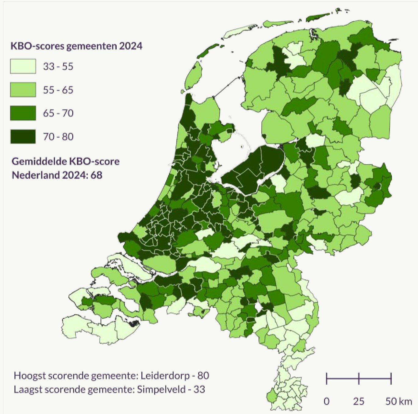 Kaart met scores van gemeenten op de KBO in 2024