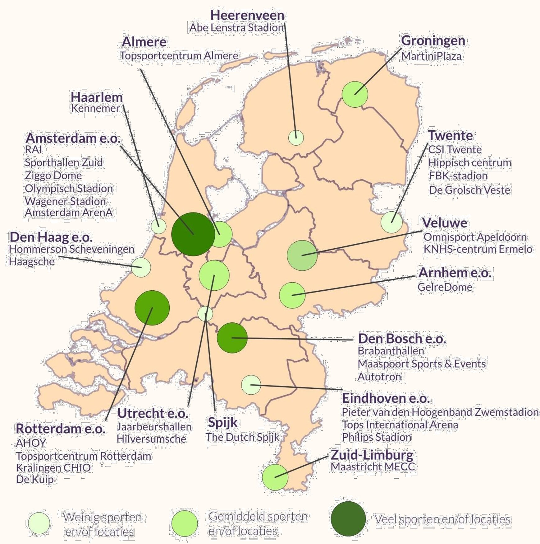 Kaart met alle mogelijke locaties voor de World Games in Nederland