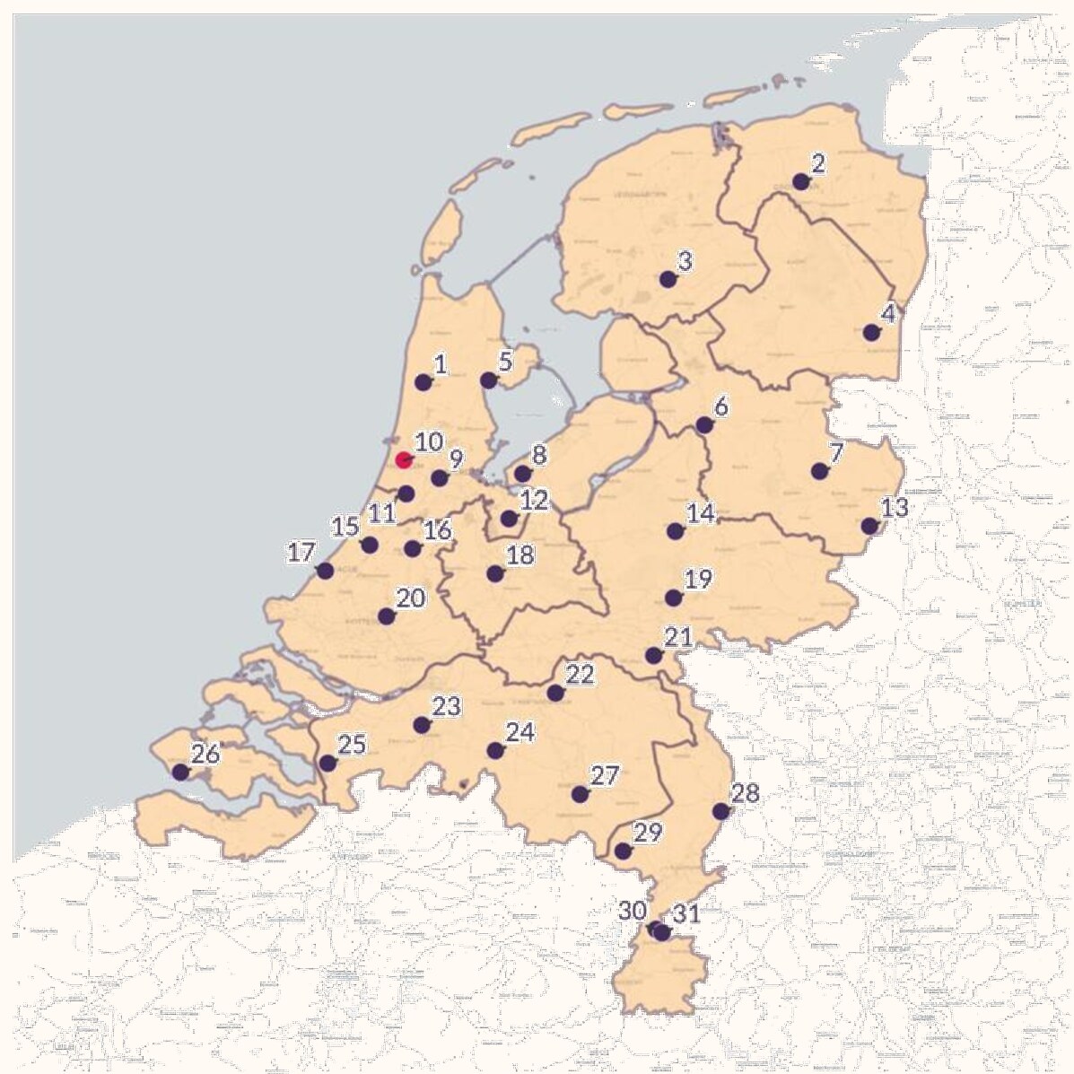 Kaart met alle TT's in Nederland. Lijst staan onder de kaart,
